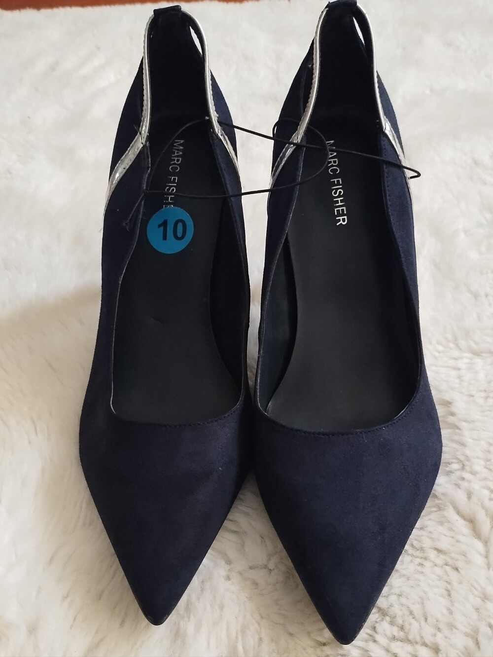 Marc Fisher Navy Pointed Slingback Pumps with Silver Heel Trim - Picture 2 of 8